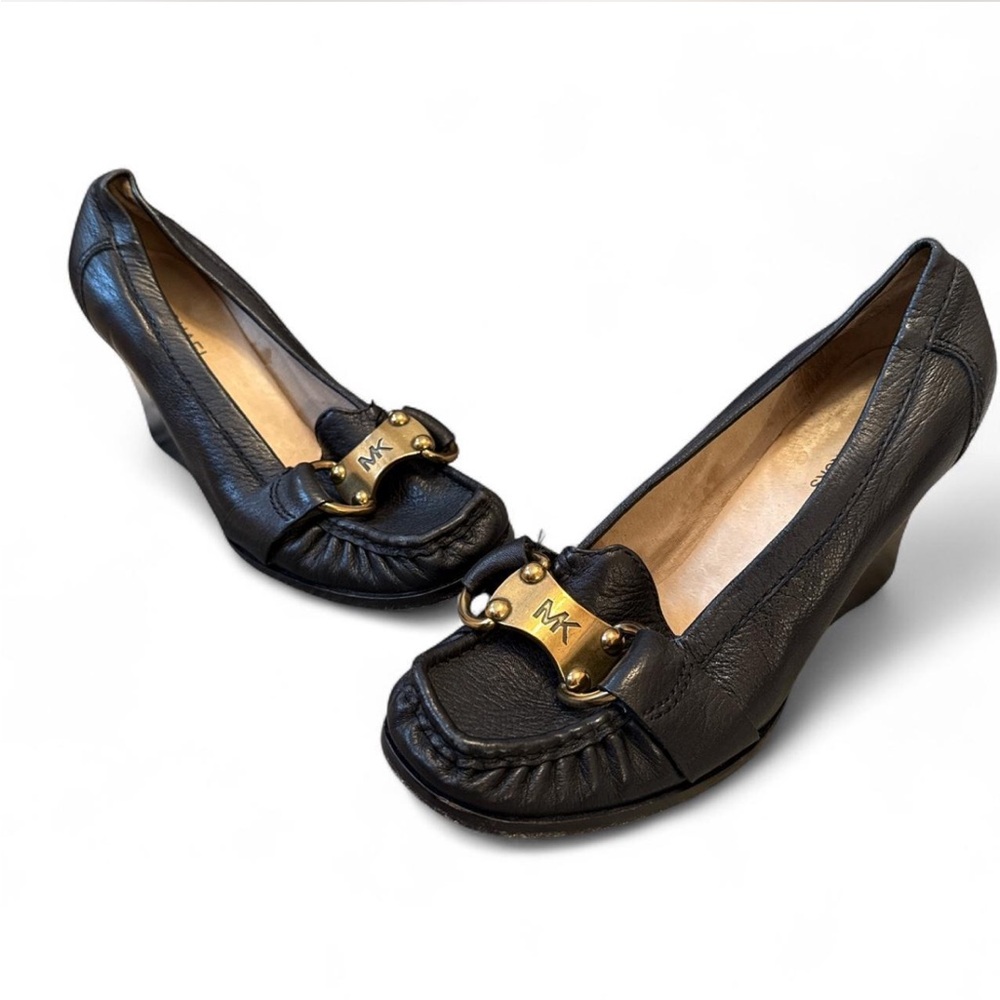 Michael Kors Black Leather Wedges with Gold Accent